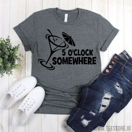 www.teestore.io-Drinking T Shirt - 5 O'Clock Somewhere T-Shirt - It's 5 O'Clock Somewhere Tshirt - White Drinking Tshirt Tshirt Funny Sarcastic Humor Comical Tee | TeeStore.io