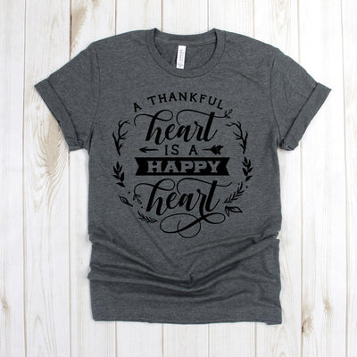 www.teestore.io-Fall Shirts - A Thankful Heart Is A Happy Heart Cursive Wreath - Thankful Tee - Thanksgiving Shirt - Cute Fall Shirts Tshirt Funny Sarcastic Humor Comical Tee | TeeStore.io