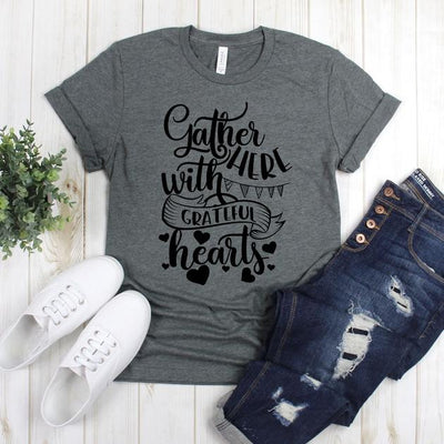 wwwteestoreio-Happy Fall Shirt - Gather Here With Grateful Hearts Banner Grateful - Autumn Shirt - Grateful Shirt - Thankful Shirt -Thanksgiving Shirt