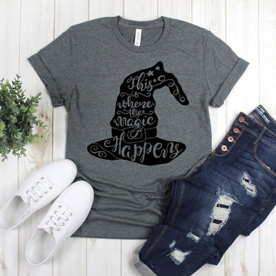 wwwteestoreio-Hocus Pocus Shirt - This Is Where The Magic Happens Cursive Hat - Trick Or Treat Shirt - Halloween Tee Shirt - Ghost Shirt - Halloween Shirt